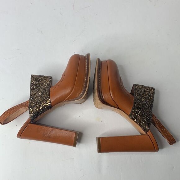 Twin-Set gold glitter tan leather platform pumps - Picture 8 of 10